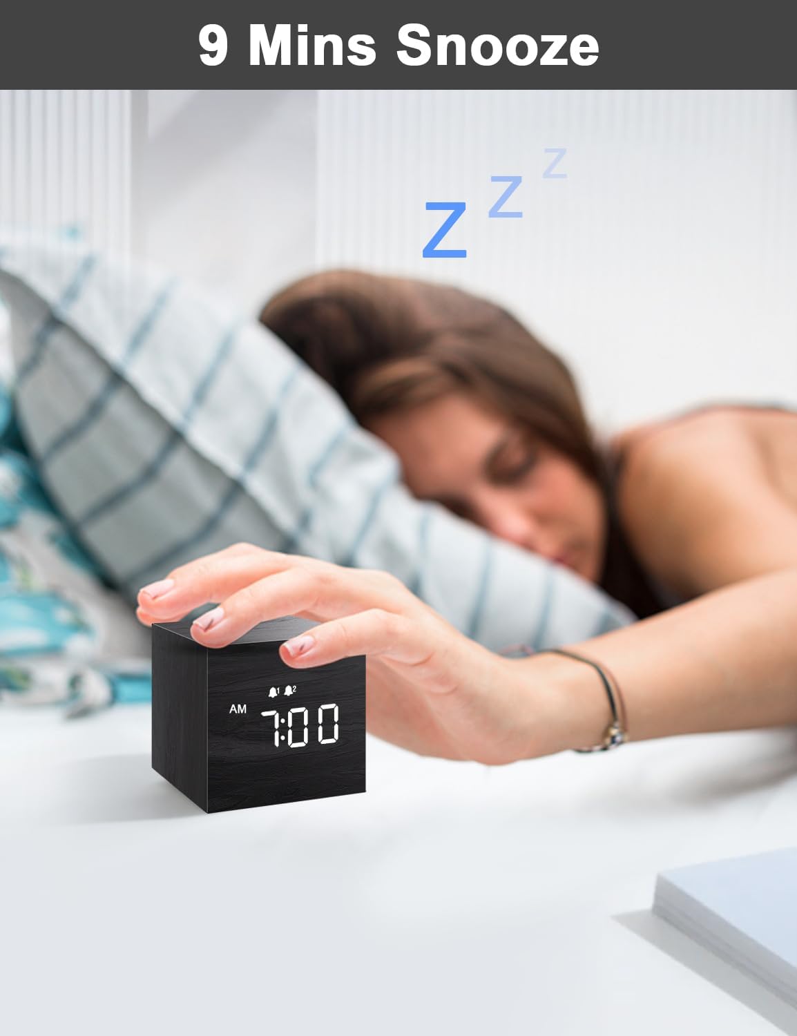 Digital Alarm Clock, with Wooden Electronic LED Time Display, Dual Alarm, 2.5-inch Cubic Small Mini Wood Made Electric Clocks for Bedroom, Bedside