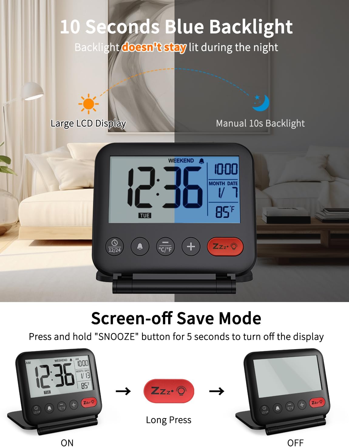 Digital Travel Alarm Clock for Bedroom Office: Small LCD Desk Clock with Backlight Date Temperature Snooze 12/24H Weekend Mode and Mirror