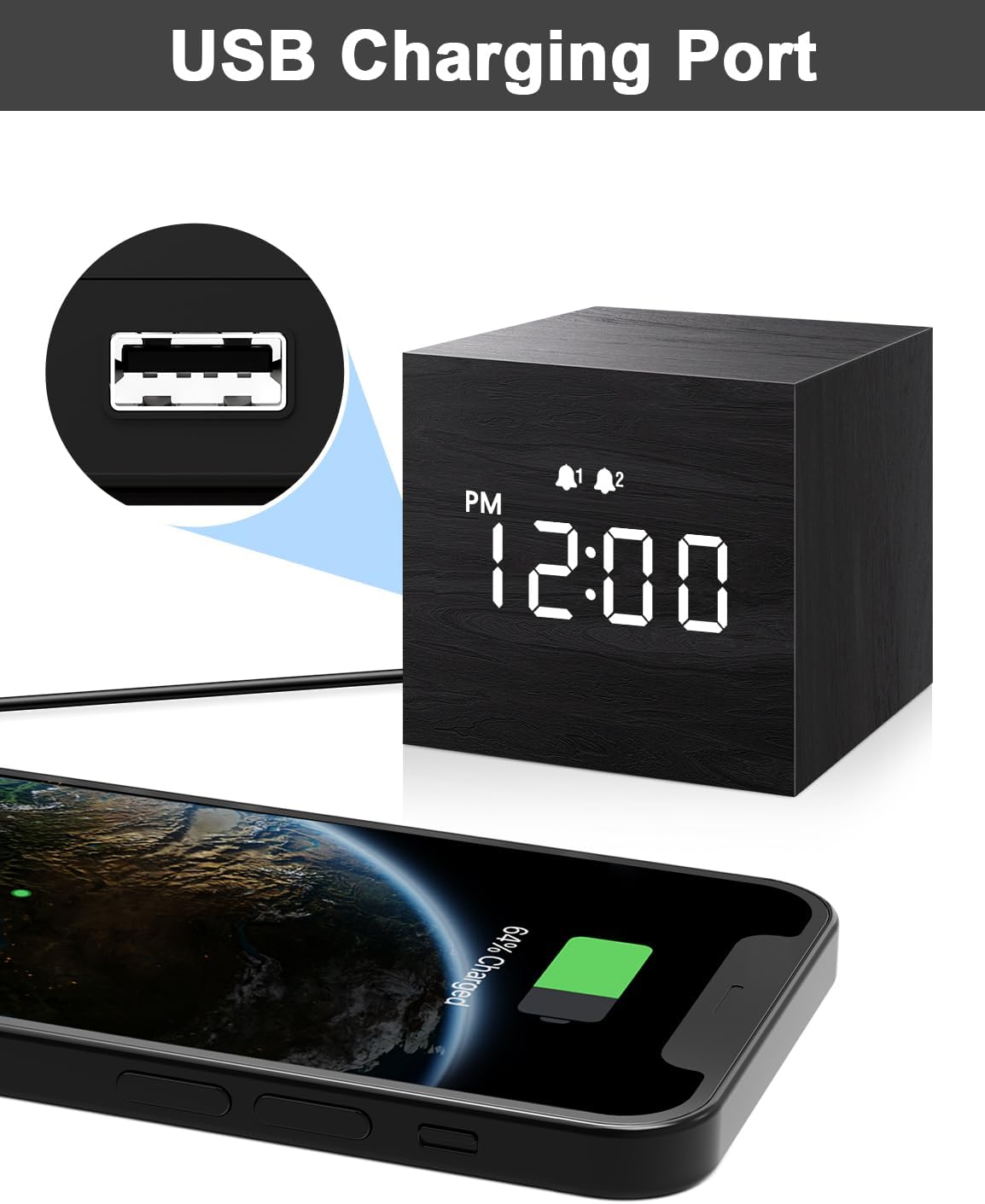 Digital Alarm Clock, with Wooden Electronic LED Time Display, Dual Alarm, 2.5-inch Cubic Small Mini Wood Made Electric Clocks for Bedroom, Bedside