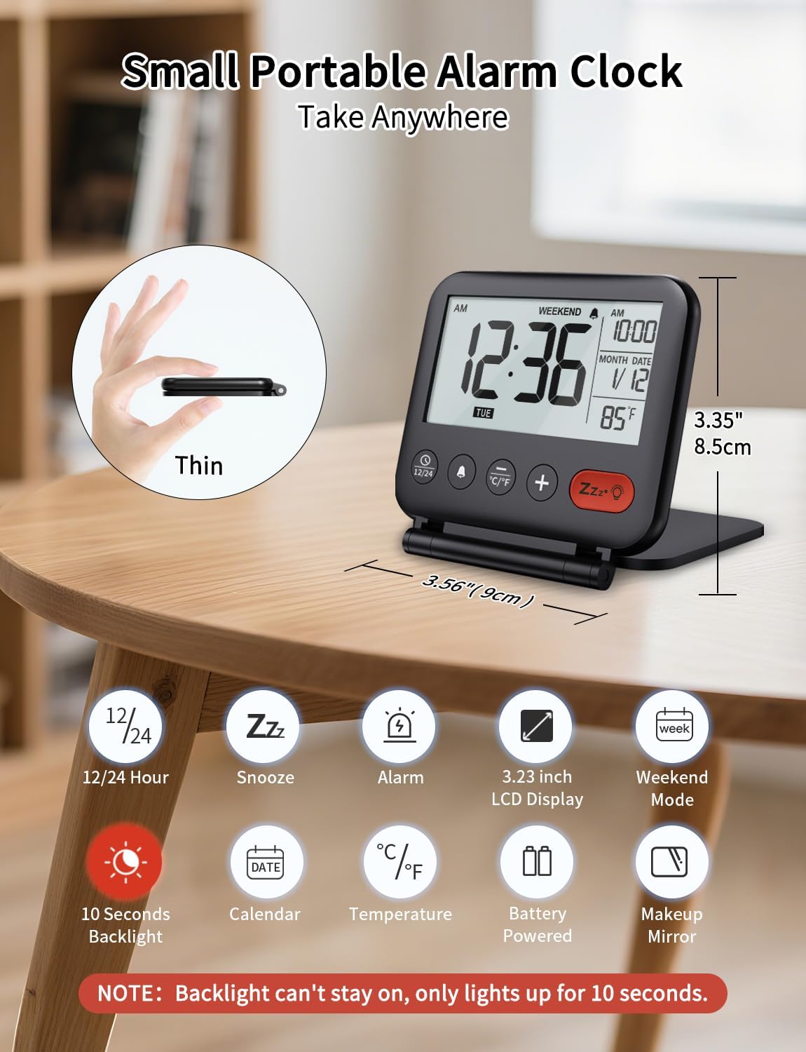 Digital Travel Alarm Clock for Bedroom Office: Small LCD Desk Clock with Backlight Date Temperature Snooze 12/24H Weekend Mode and Mirror