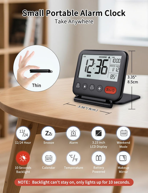 Digital Travel Alarm Clock for Bedroom Office: Small LCD Desk Clock with Backlight Date Temperature Snooze 12/24H Weekend Mode and Mirror