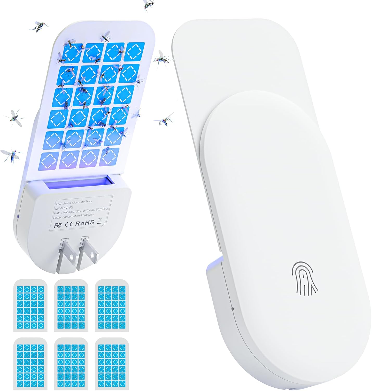 Flying Insect Trap, 2 in 1 Indoor Plug-in Fruit Fly Trap, 1 Trap White and 6 Glue Cards, Fruit Fly Traps for Gnat, Moth, Mosquito, Suitable for Every