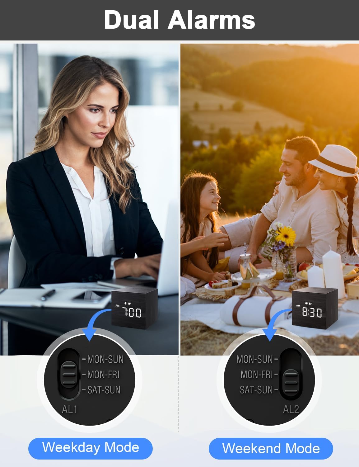 Digital Alarm Clock, with Wooden Electronic LED Time Display, Dual Alarm, 2.5-inch Cubic Small Mini Wood Made Electric Clocks for Bedroom, Bedside