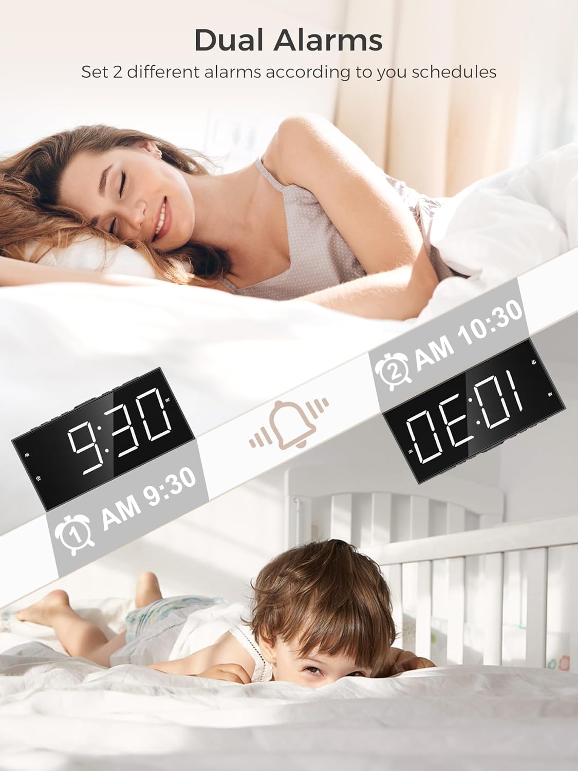Alarm Clock for Bedroom, 2 Alarms Loud LED Big Display Plug in Simple Basic Digital Clock with USB Charging Port, Adjustable Volume, Dimmable, Snooze