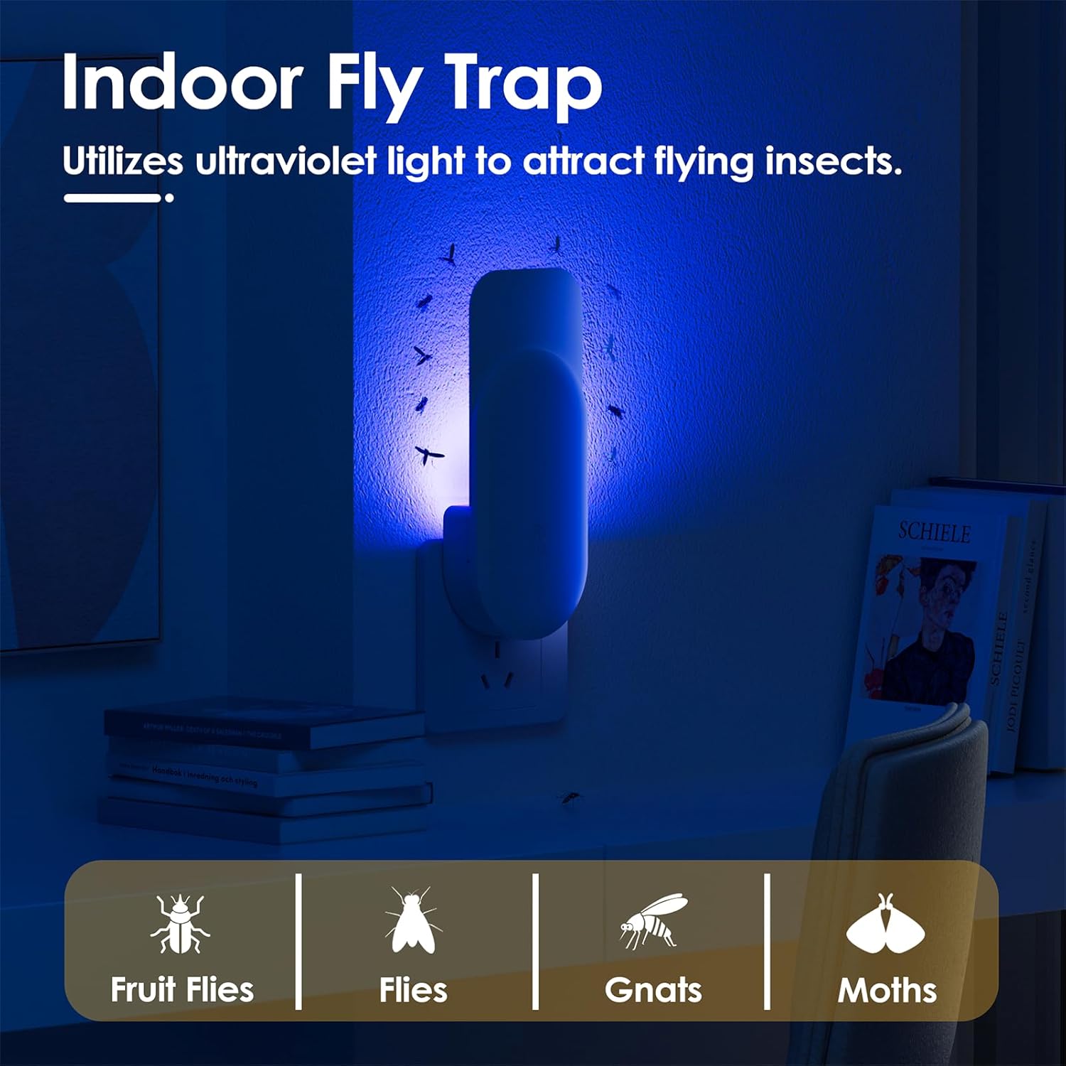 Flying Insect Trap, 2 in 1 Indoor Plug-in Fruit Fly Trap, 1 Trap White and 6 Glue Cards, Fruit Fly Traps for Gnat, Moth, Mosquito, Suitable for Every