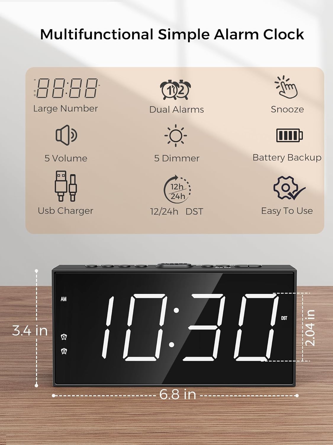 Alarm Clock for Bedroom, 2 Alarms Loud LED Big Display Plug in Simple Basic Digital Clock with USB Charging Port, Adjustable Volume, Dimmable, Snooze