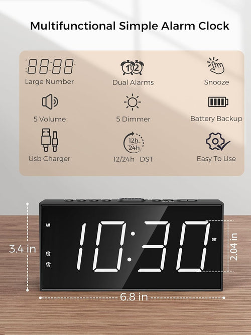 Alarm Clock for Bedroom, 2 Alarms Loud LED Big Display Plug in Simple Basic Digital Clock with USB Charging Port, Adjustable Volume, Dimmable, Snooze