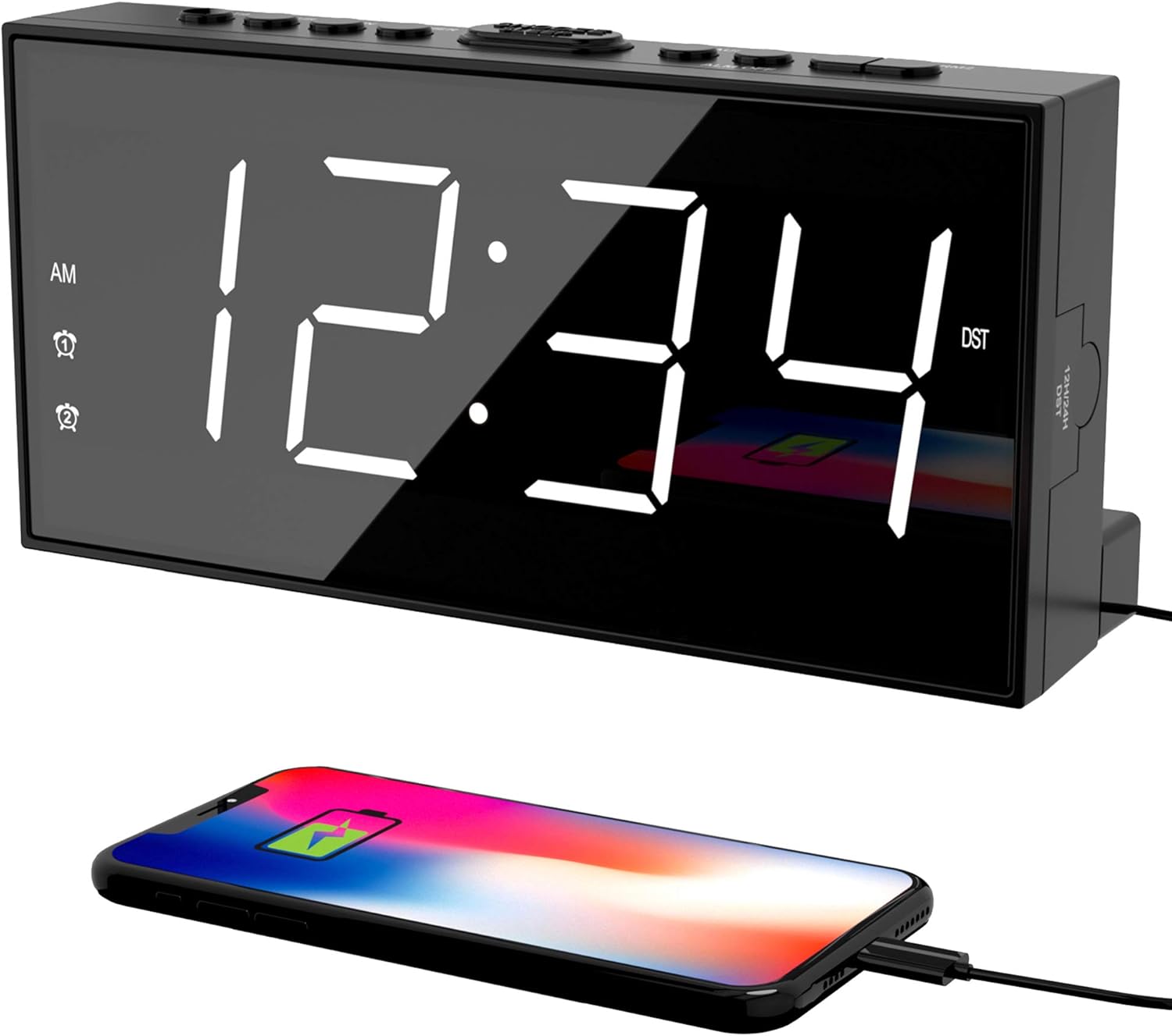 Alarm Clock for Bedroom, 2 Alarms Loud LED Big Display Plug in Simple Basic Digital Clock with USB Charging Port, Adjustable Volume, Dimmable, Snooze
