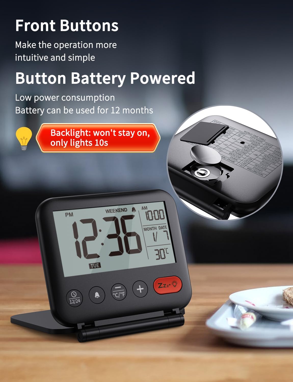 Digital Travel Alarm Clock for Bedroom Office: Small LCD Desk Clock with Backlight Date Temperature Snooze 12/24H Weekend Mode and Mirror