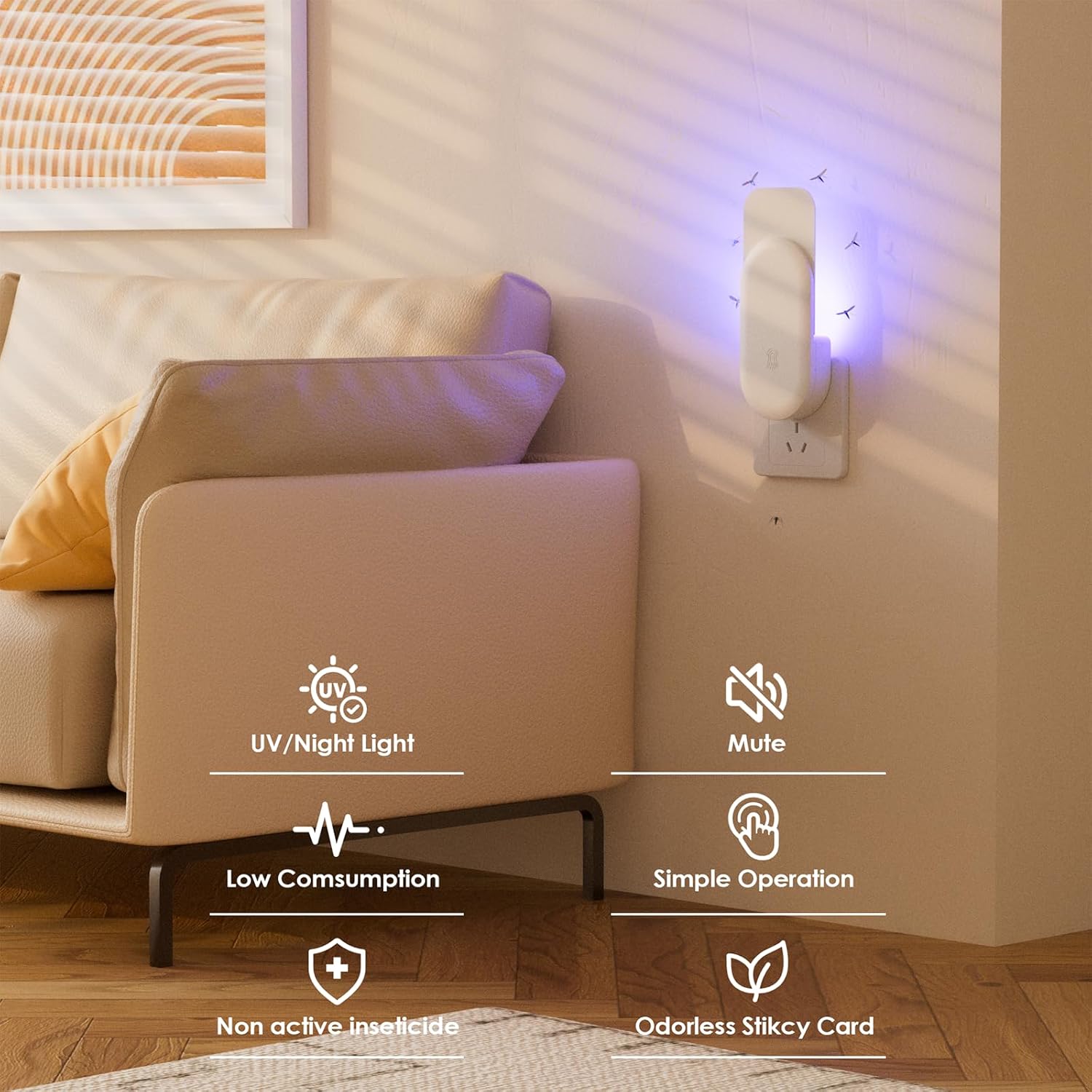 Flying Insect Trap, 2 in 1 Indoor Plug-in Fruit Fly Trap, 1 Trap White and 6 Glue Cards, Fruit Fly Traps for Gnat, Moth, Mosquito, Suitable for Every